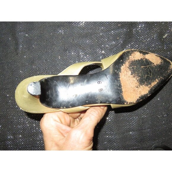 Escada Vintage Gold Satin & Leather Kitten Heeled Mules Sandals size 6 B - Picture 8 of 9